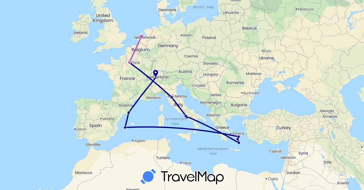TravelMap itinerary: driving, train in Switzerland, Spain, France, Greece, Italy, Netherlands (Europe)